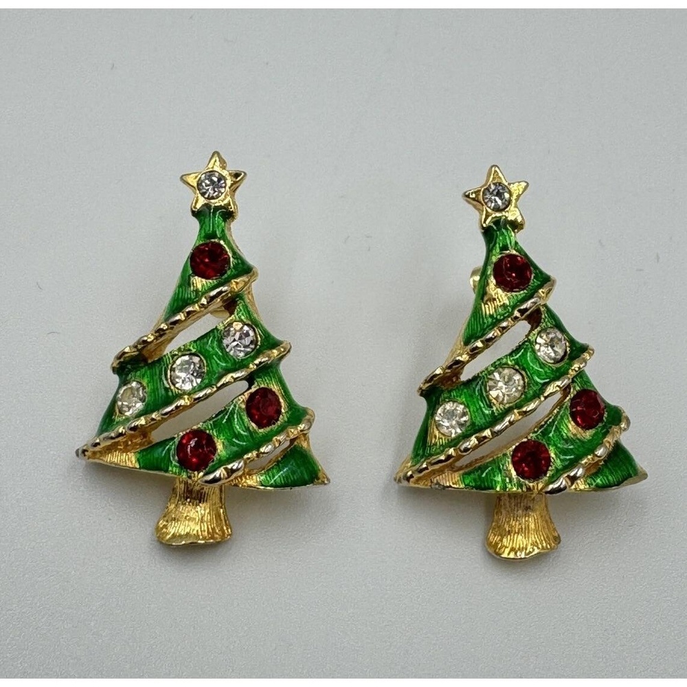 Vintage Gold Tone Green Christmas Tree Post Earrings Red Clear Rhinestones - Picture 2 of 7